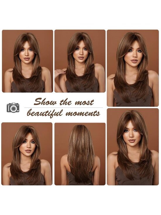 Women Brown mixed Heat Resistant Long Curly Shoulder Length Synthetic Wigs main image 4